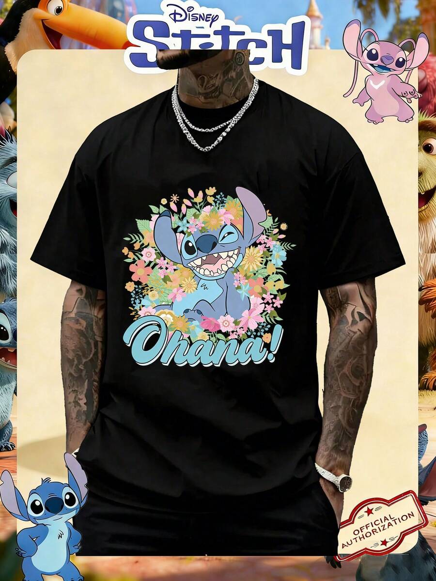 Disney Official Licensed Lilo & Stitch "Ohana!" Floral Washed 220g T-Shirt Unisex - Black - View 1