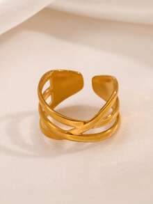 1pc 18K Gold Plated Stainless Steel Geometric Line Design Open Ring, Suitable For Women's Daily Wear - Gold - View 3