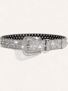 1pc Men's Heavy-Duty Rhinestone Embellished Belt, Suitable For Party And Daily Wear - Silver - View 2