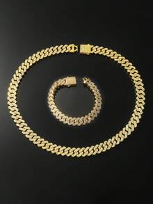 1套男士全钻菱形拼接链项链和手链 - Style A - 查看 1