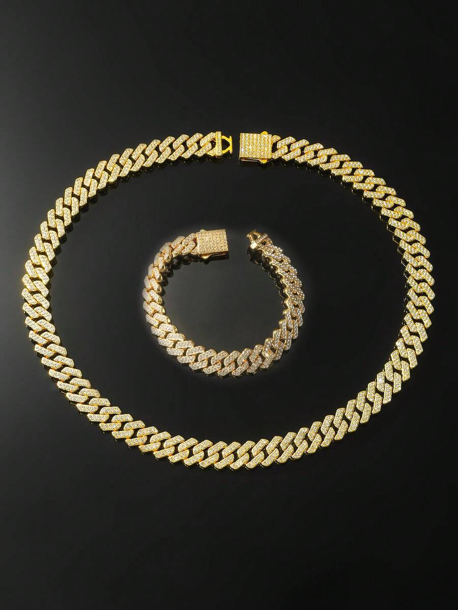 1套男士全钻菱形拼接链项链和手链 - Style A - 查看 1