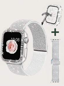 二合一玻璃表壳 + 闪亮弹力表带，兼容 表带 40mm 41mm 42mm 44mm 45mm 46mm，兼容 Series 11 10 9 8 7 6 5 4 3 SE，可调节尼龙腕带，搭配闪亮水钻表壳，专为女孩设计。 - 閃閃錶帶+閃閃錶殼 - 查看 27