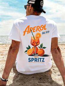 T-Shirt With Aperol Spritz Motif, Short Sleeve, Made Of Pure Cotton, Unisex, Casual Wear, Cocktail Print, Streetwear, Suitable For Leisure Holidays And Sporting Activities, A Great Gift For Friends, Men's Summer Clothing. - 白色 - 查看 1