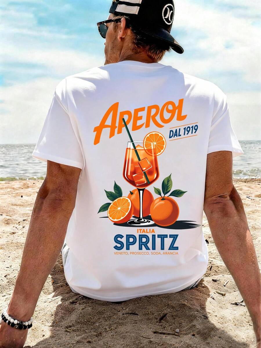 T-Shirt With Aperol Spritz Motif, Short Sleeve, Made Of Pure Cotton, Unisex, Casual Wear, Cocktail Print, Streetwear, Suitable For Leisure Holidays And Sporting Activities, A Great Gift For Friends, Men's Summer Clothing. - 白色 - 查看 1