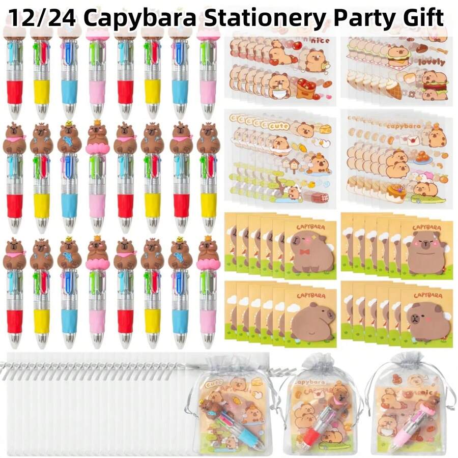 24/12件套水鼠文具派对礼品套装，趣味动物奖品套装，包含4合1圆珠笔、便签纸、贴纸和欧根纱袋，儿童美术用品，返校礼物套装 - 彩色 - 查看 1