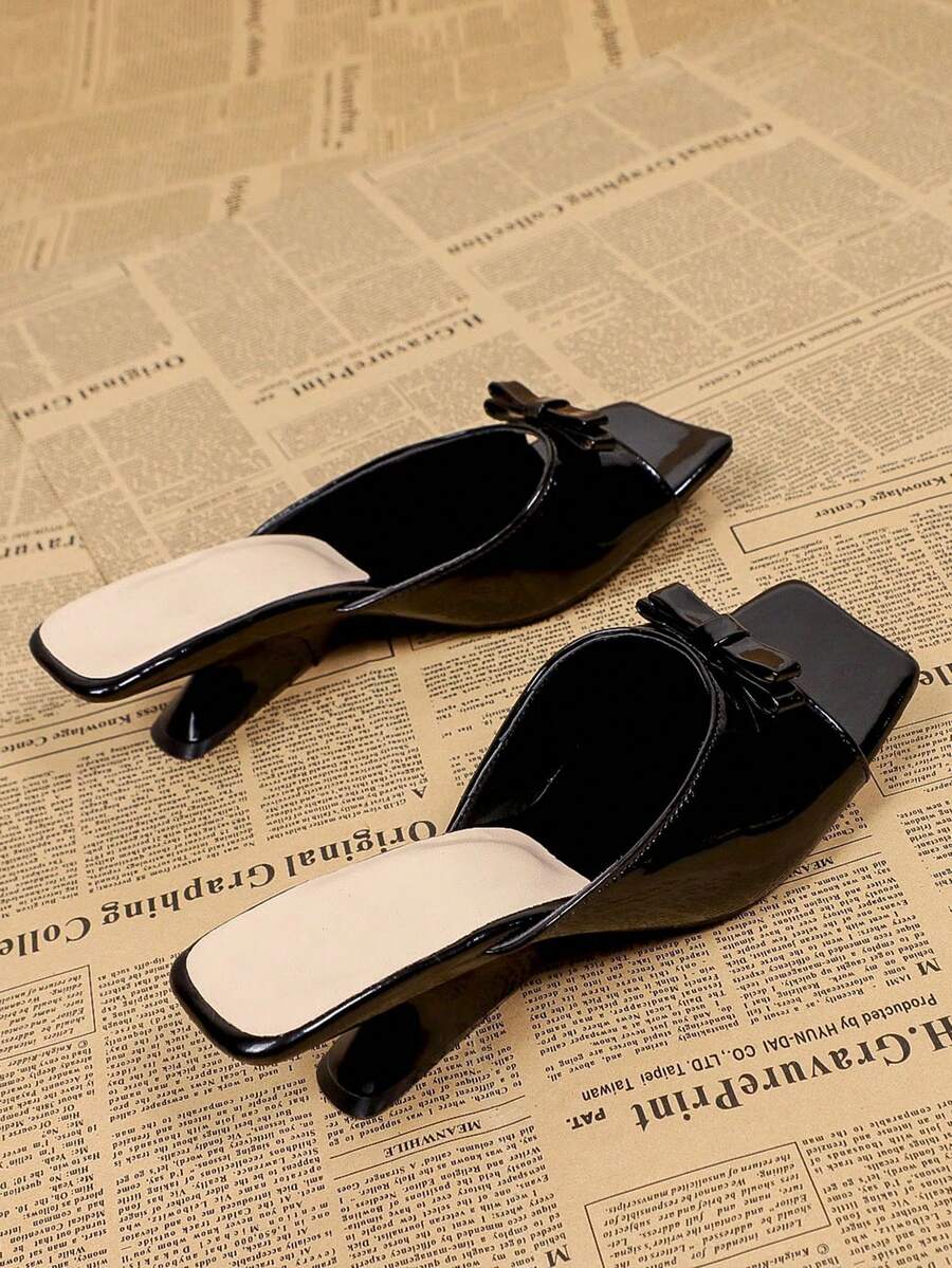 Giày sandal cao gót mũi vuông màu đen thắt nơ dành cho nữ, kiểu dép hở gót đa năng thoải mái cho mùa hè. - màu đen - Xem 1