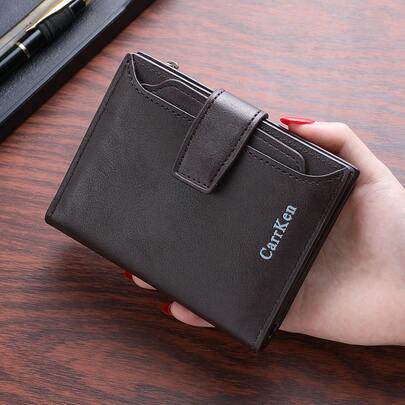 CarrKen 新款男士复古大容量搭扣短款钱包，竖款多卡位信用卡夹真皮对折钱包，多功能拉链零钱袋，送给男友、父亲、儿子的礼物
