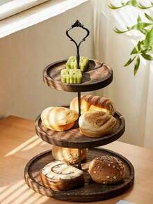 1 Set Wooden 2-Tier/3-Tier Cake/Dessert Stand, Fruit & Snack Display Rack, Brown Baking Display Tray, Decorative Multi-Layer Platter, Suitable For Kitchen, Dining Room, Table, Wedding Decor - Brown - View 1