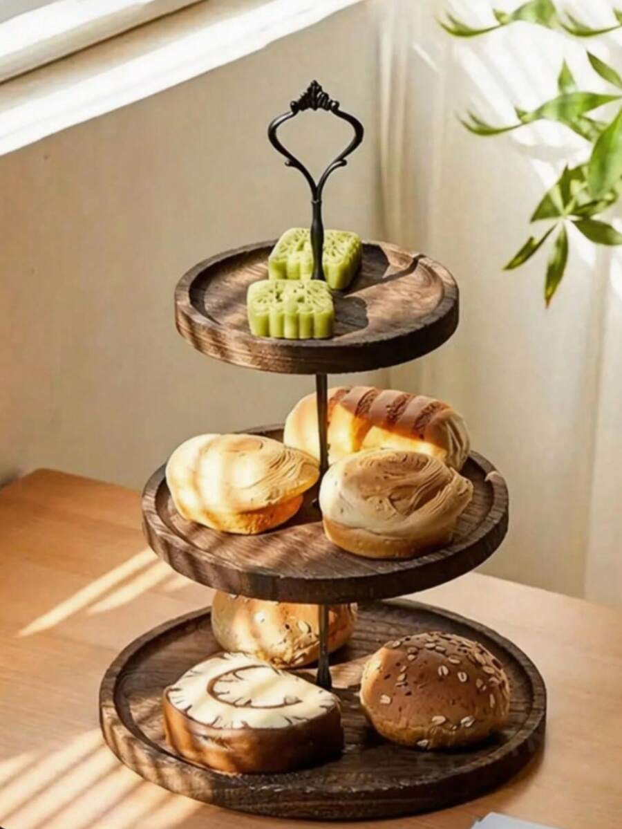 1 Set Wooden 2-Tier/3-Tier Cake/Dessert Stand, Fruit & Snack Display Rack, Brown Baking Display Tray, Decorative Multi-Layer Platter, Suitable For Kitchen, Dining Room, Table, Wedding Decor - Brown - View 1