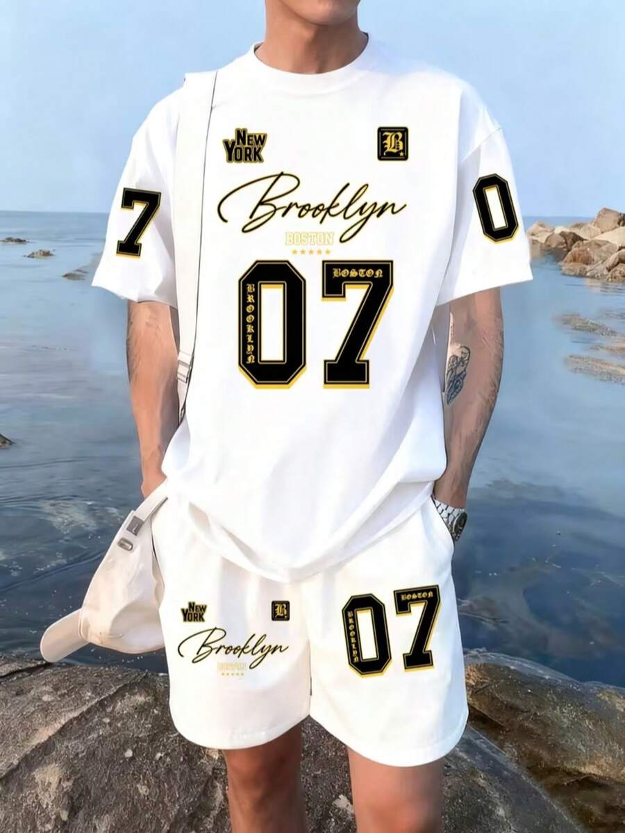 男士户外套装（2件套），夏季短袖圆领T恤+短裤，速干面料，3D数码印花复古数字字母图案，街头时尚爱好者的必备单品，适合日常休闲、健身、跑步、运动穿着，生日、节日送给家人、朋友或男友的贴心礼物。 - 彩色 - 查看 1