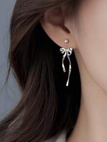 1对优雅女士S925纯银耳环，芭蕾舞鞋缎带蝴蝶结螺丝耳钉流苏简约吊坠耳环 - #1 - 查看 4