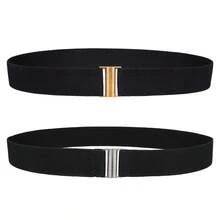 1条女士简约弹力腰带，金色搭扣黑色弹力腰带，适合搭配连衣裙、衬衫和外套，优雅日常穿着 - A - 查看 13