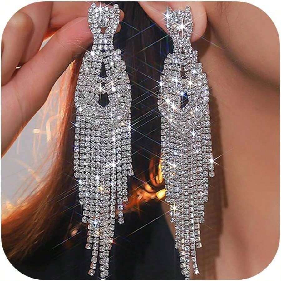 Prom Earrings Women Long Tassel Chandelier Earrings Dangling Silver Jewelry Prom Dress Wedding Reception Party Formal Evening Dress Accessories Her - I:銀 - 查看 1