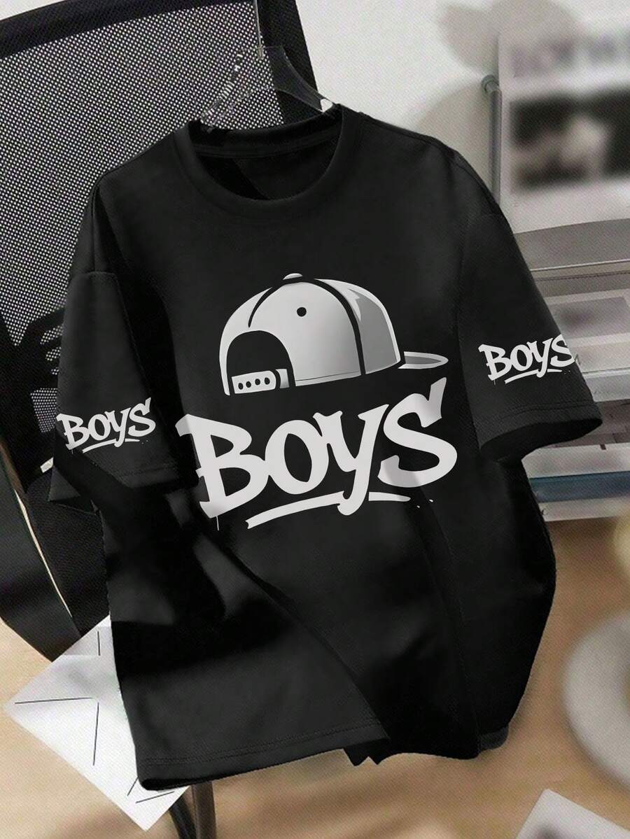 1件男童街头风“Boys.”文字休闲短袖T恤,春夏日常出行和校园活动必备单品 - 黑色 - 查看 1