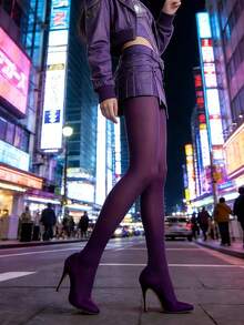 1双深紫色不透明连裤袜，性感神秘优雅风格，适合女性日常、约会、派对等场合。 - 彩色 - 查看 5