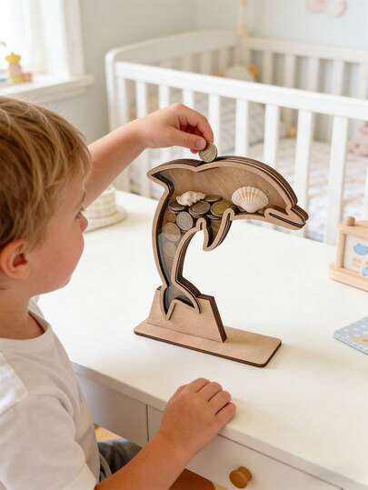 1个带亚克力窗口的木质海豚造型立体展示盒，婴儿房装饰，海洋主题卧室和客厅装饰，复活节礼物