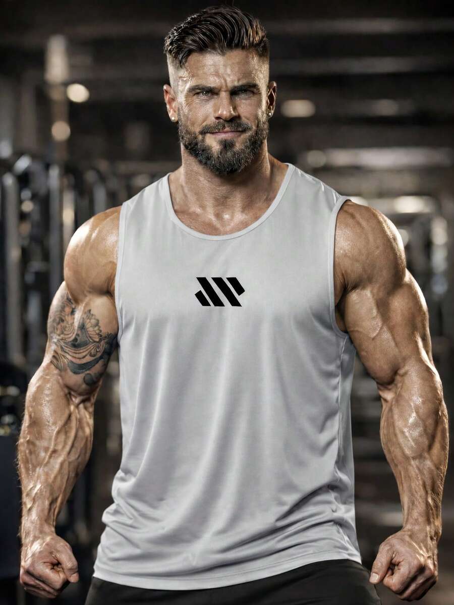 Men's Solid Color Sleeveless Fitness Tank Top, Muscle Fit Activewear Vest Sports - Light Grey - View 1