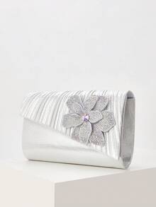 Women's Sparkle Silver Pleated Clutch, Rhinestone Flower For Wedding & Party - Silver - View 7