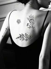 30pcs Creative Temporary Tattoo Stickers, Including Butterfly, Flower, Fox, Dolphin, Jellyfish, Wings, Feather And More Patterns, Suitable For Both Men And Women, Waterproof And Realistic, Can Be Applied To Arms, Face, Fingers, Neck And Any Desired Location. - Black 2 - 查看 7