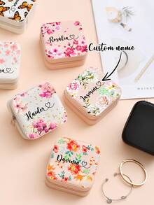 1pc Personalized Name Jewelry Box, PU Leather Travel Jewelry Case, Multi-Functional Elegant & Modern, High Quality, Customizable, Unique, Ideal Gift For Mother's Day, Wedding, Bridesmaid, Christmas, Anniversary, Birthday, Etc. - Covered With Flowers & Name - View 2