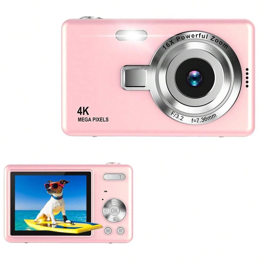 4K Digital Camera, 16X Optical Zoom, 2.4" HD Screen, Pixel Video, Creative Compact Digital Camera, CCD Camera, Suitable For Students, Beginners, Teenagers And Adults, Free DIY Crystal Sticker