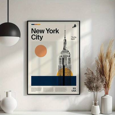 1pc Frameless New York City Wall Decoration Painting - Modern Minimalist Style Canvas Printing Poster, Empire State Building And Sunset Skyline, Bright Colors, Bold Font Design, Suitable For Home Decoration In Living Rooms Decor, Bedrooms Decor, And Offices - Perfect Gift For Travel And Urban Styles, Wall Art