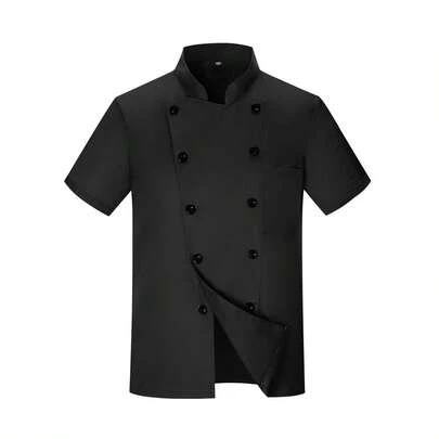 New Unisex Short Sleeve Solid Color Double-Breasted Decor Stand Collar Breathable Chef Uniform