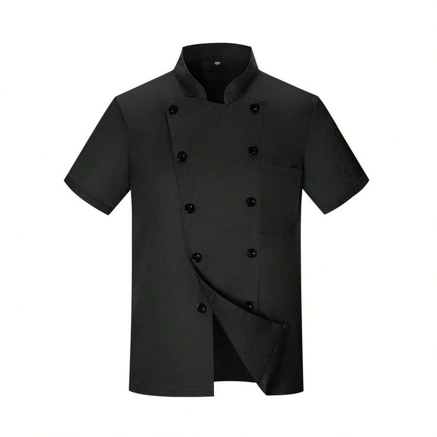 New Unisex Short Sleeve Solid Color Double-Breasted Decor Stand Collar Breathable Chef Uniform - Black - View 1