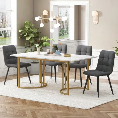 Dining Set (5 Pieces), Table And 4 Chairs, Modern Kitchen Set, 140*80cm Kitchen Table With Gold Metal Legs, White MDF Top, Dark Grey Linen Dining Chairs - Grey - View 1