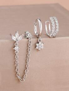 3件套精美锆石花朵流苏链耳钉，女士简约穿孔耳环，耳夹式时尚饰品 - 3Pcs for One Ear - 查看 1