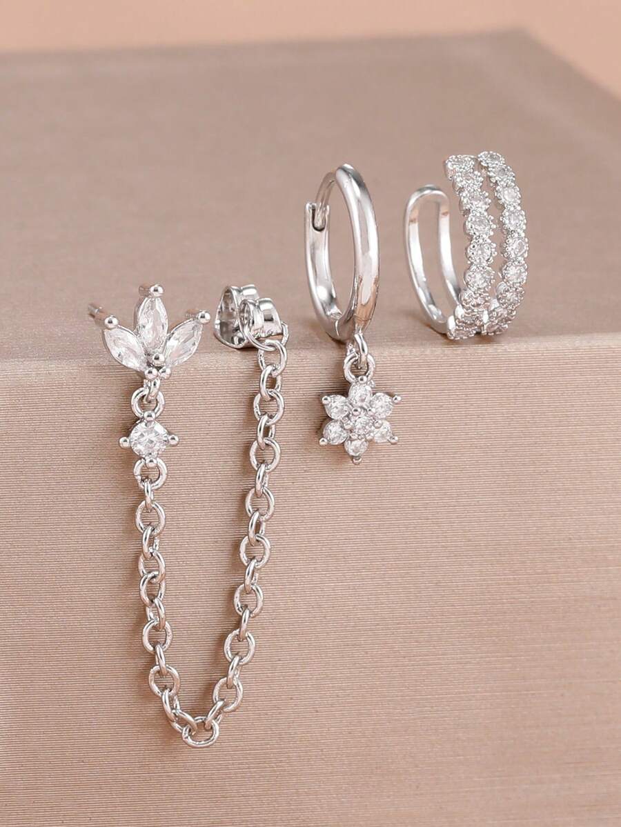 3件套精美锆石花朵流苏链耳钉，女士简约穿孔耳环，耳夹式时尚饰品 - 3Pcs for One Ear - 查看 1
