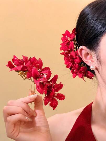 1个新款花朵发夹，百搭复古时尚发夹，优雅发饰，适合盘发，适合春夏、度假、摄影、婚礼等场合。