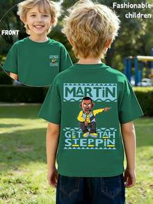 男童极简字母印花圆领T恤，青少年夏季新款时尚单品 - 墨綠色 - 查看 1