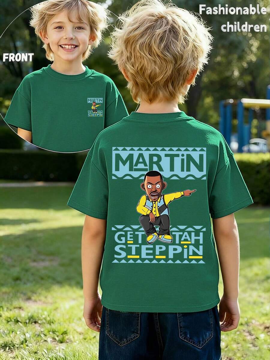 男童极简字母印花圆领T恤，青少年夏季新款时尚单品 - 墨綠色 - 查看 1