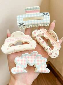 1个/4个甜美花卉格子蝴蝶结发爪夹可爱发饰发夹，适用于丸子头、马尾辫、度假夏季海滩旅行发夹、假日旅行 - 彩色 - 查看 1