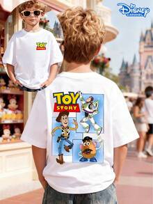 Disney Toy Story Three-Grid Double-Sided Print Kids T-Shirt, White Loose Crew Neck Top, Small Front LOGO + Woody, Buzz, Mr. Potato Head Back, Full Of Fun Cool Vibe, Breathable Skin-Friendly, All-Match For Summer Park & Street, Unisex - 白色 - 查看 1
