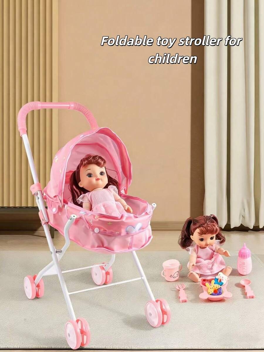 Foldable And Portable Stroller And Walker Toy, Made Of Breathable Fabric, Doll Can Make Sounds And Open/Close Eyes, Multiple Detachable Joints, Suitable For Bedroom And Living Room Use. An Eye-Catching Gift For Children On Holidays Or Birthdays, Suitable For Both Boys And Girls To Play Roleplay Games. - 彩色 - 查看 1