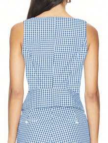 Áo tank top nữ mùa hè không tay, dây đeo dày, cài nút, họa tiết kẻ caro, trang phục đi nghỉ mát cho nữ. - Màu xanh lam - Xem 3