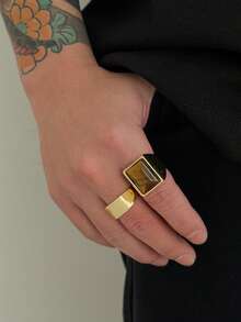 2件套复古几何宝石镶嵌方形戒指套装，叠戴设计，休闲简约，适合街头、派对、婚礼、日常佩戴，男女皆宜的时尚礼物 - 戒指 - 查看 3