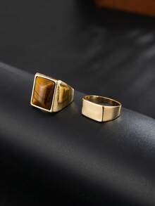 2件套复古几何宝石镶嵌方形戒指套装，叠戴设计，休闲简约，适合街头、派对、婚礼、日常佩戴，男女皆宜的时尚礼物 - 戒指 - 查看 7