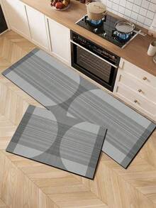 1pc Modern Minimalist Geometric Pattern Silica Gel Kitchen Mat, Featuring Parallel Lines And Semi-Circular Blocks In Grayscale Tones, Creating A Rhythmic Visual Layering, Exuding A Refined And Artistic Vibe. Luxurious And Fashionable Kitchen Carpet With Cushioning And Anti-Fatigue Properties, Made Of Surface Fabric And Sponge Absorbent Material. - Multicolor - View 1