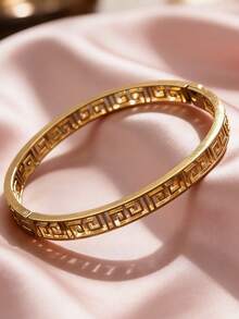 Gold Stainless Steel Greek Key Pattern Bracelet, Minimalist Rolling Design Women's Bangle, Hypoallergenic Waterproof Jewelry Gift - Yellow Gold - View 3