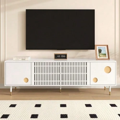 TV-Schrank, TV-Möbel mit Gitterstruktur, versteckten Griffen, Golddekor. Wohnzimmermöbel. Zwei Turen aus Massivholz - Bianco - Visualizzare 1