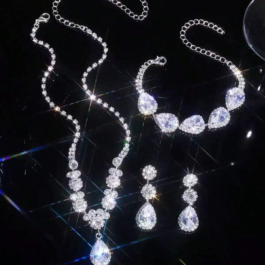 Silver Bridal Crystal Necklace, Earrings, Bracelet Set, Bride Wedding Jewelry Set, Rhinestone Pendant Necklace, Spherical Jewelry Set - Silver - View 1