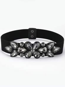 1pc Women's Elastic Waist Belt With Large Shiny Glass Beads - A - View 2