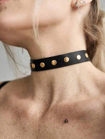 1pc Gothic Style Black Gold Buckle Choker Necklace, Sexy Accessory Suitable For Daily Wear And Parties