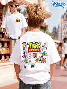 Disney Toy Story Family Double-Sided Print Kids T-Shirt, White Loose Crew Neck Top, Small Front LOGO + Woody, Buzz Lightyear & Friends Back, Full Of Playful Vibe, Breathable Skin-Friendly, All-Match For Summer Park & Street, Unisex - 白色 - 查看 1