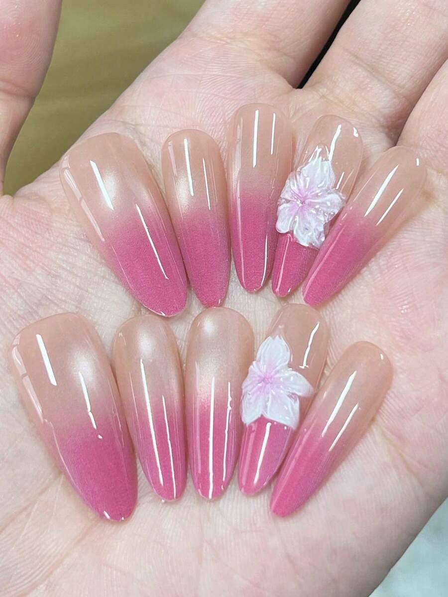 A Set Of 10 Long Almond-Shaped Handcrafted Exquisite Wearable Nails In Minimalist Y2K Sexy Style. The Hand-Painted Gradient Ombre Rose Pink French Manicure With Glittering Glass Cat-Eye 3D Resin Carving And Filigree Design, Providing A Full Coverage Nail Set That Exudes Elegance, Sophistication, And Fashionable Glow. - Multicolor - View 1