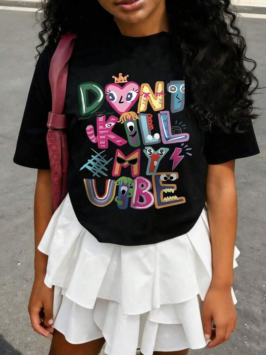 Tween Girl Cotten Clothes,Y2K-Inspired Letter Print T-Shirt - Casual Crew Neck, Short Sleeve, Machine Washable - Perfect For Spring/Summer/Fall,Fashion, Streetwear, Unisex, Men, Women - 黑色 - 查看 1