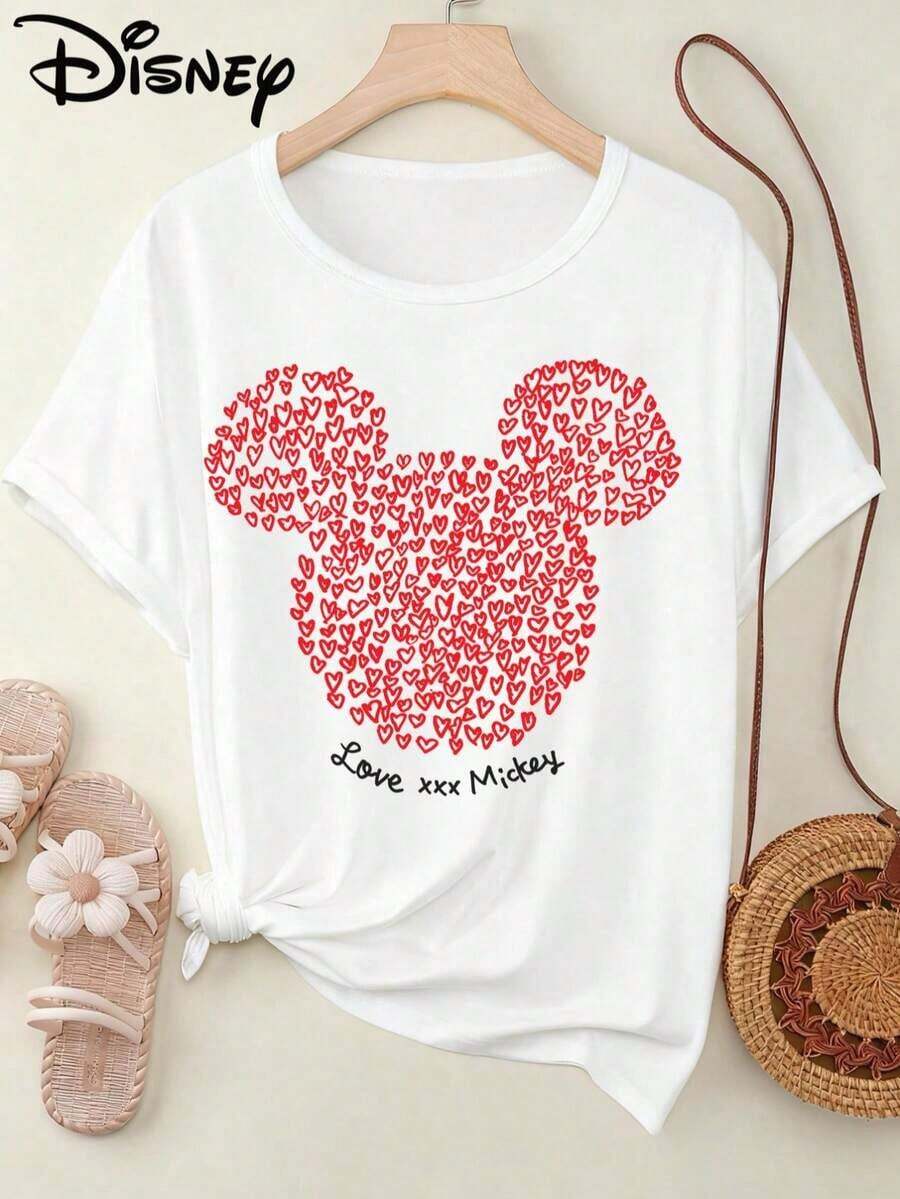 Disney Plus Size Women's Casual T-Shirt, Love Head Valentine's Day Graphic Print Round Neck Short Sleeve Top, Stretchy Machine Washable Fabric, Comfortable Apparel | Urban Chic | Casual Style - trắng - Xem 1